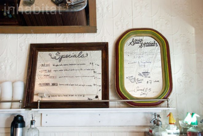 Nina Brondmo; Bakeri; Brooklyn; Williamsburg; restaurants; eatery; green design; upcycled materials; upcycled furniture; green interior design; recycled furniture; recycled materials; sustainable business; sustainable restaurant; sustainable eatery; New York City; InhabitatNYC; reclaimed materials; vintage furniture; interior decoration; interior design; sustainable design; bakery; homemade bread; handmade bread; food