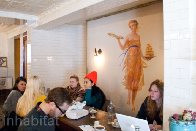Nina Brondmo; Bakeri; Brooklyn; Williamsburg; restaurants; eatery; green design; upcycled materials; upcycled furniture; green interior design; recycled furniture; recycled materials; sustainable business; sustainable restaurant; sustainable eatery; New York City; InhabitatNYC; reclaimed materials; vintage furniture; interior decoration; interior design; sustainable design; bakery; homemade bread; handmade bread; food