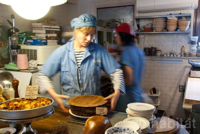 Nina Brondmo; Bakeri; Brooklyn; Williamsburg; restaurants; eatery; green design; upcycled materials; upcycled furniture; green interior design; recycled furniture; recycled materials; sustainable business; sustainable restaurant; sustainable eatery; New York City; InhabitatNYC; reclaimed materials; vintage furniture; interior decoration; interior design; sustainable design; bakery; homemade bread; handmade bread; food