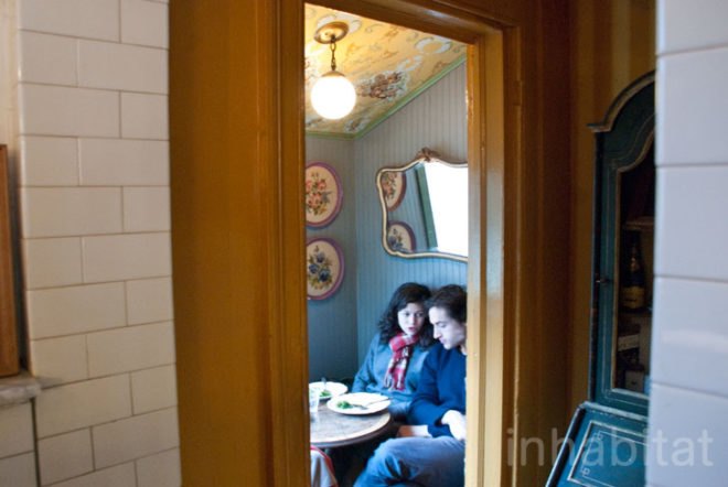 Nina Brondmo; Bakeri; Brooklyn; Williamsburg; restaurants; eatery; green design; upcycled materials; upcycled furniture; green interior design; recycled furniture; recycled materials; sustainable business; sustainable restaurant; sustainable eatery; New York City; InhabitatNYC; reclaimed materials; vintage furniture; interior decoration; interior design; sustainable design; bakery; homemade bread; handmade bread; food