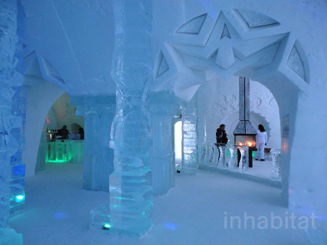 green design, eco design, sustainable design, ice hotel, Hotel de Glace, Quebec City, snow hotel, The Northern Quebec, ice carvings, winter hotel, LED lights, ice bar