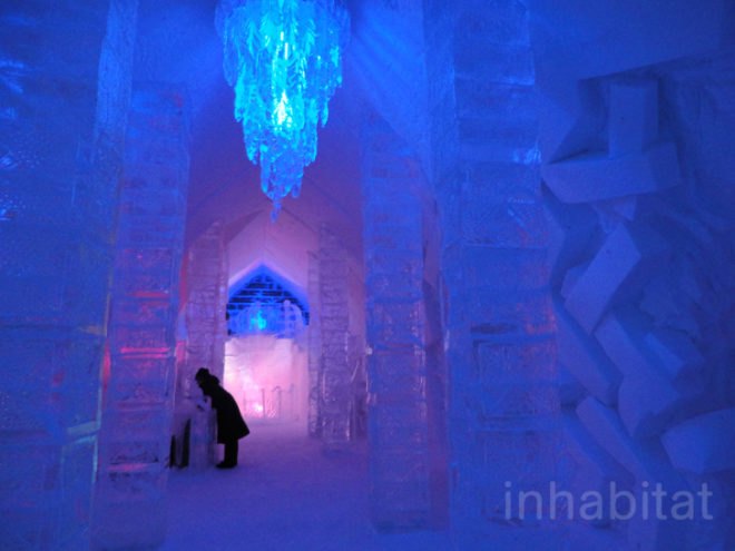 green design, eco design, sustainable design, ice hotel, Hotel de Glace, Quebec City, snow hotel, The Northern Quebec, ice carvings, winter hotel, LED lights, ice bar