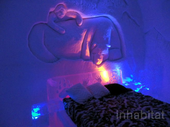 green design, eco design, sustainable design, ice hotel, Hotel de Glace, Quebec City, snow hotel, The Northern Quebec, ice carvings, winter hotel, LED lights, ice bar