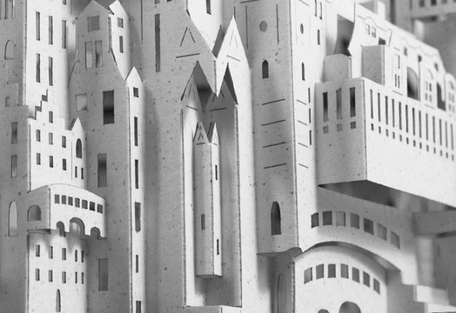architecture made from paper, miniature paper cities, paper cities, green art, eco art, sustainable art, paper art, masahiro chatani, ingrid siliakus, paper architecture, paper design, craft paper, sheet paper, artwork paper, precision cutting