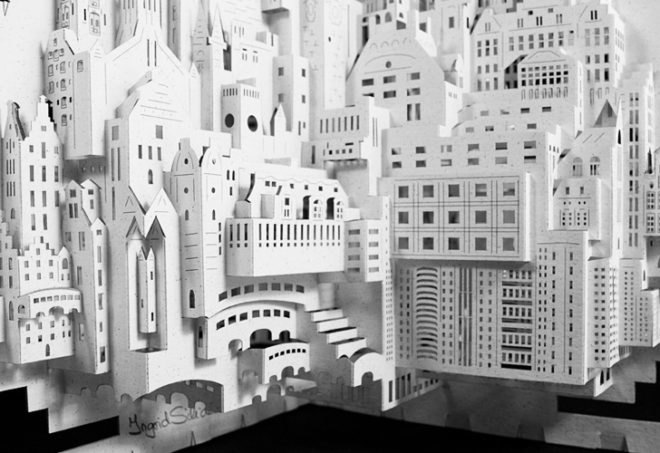architecture made from paper, miniature paper cities, paper cities, green art, eco art, sustainable art, paper art, masahiro chatani, ingrid siliakus, paper architecture, paper design, craft paper, sheet paper, artwork paper, precision cutting