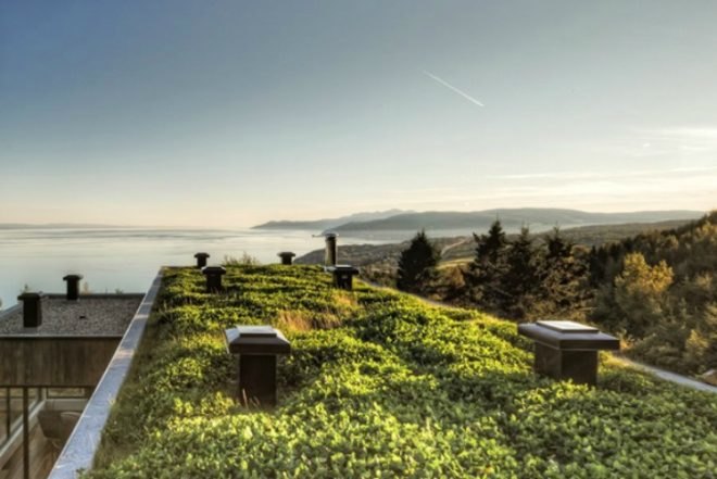 mu architecture, malbaie v residence, quebec canada, hilltop residence, red cedar, plant living roof, sustainable insulation