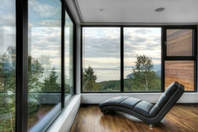 mu architecture, malbaie v residence, quebec canada, hilltop residence, red cedar, plant living roof, sustainable insulation
