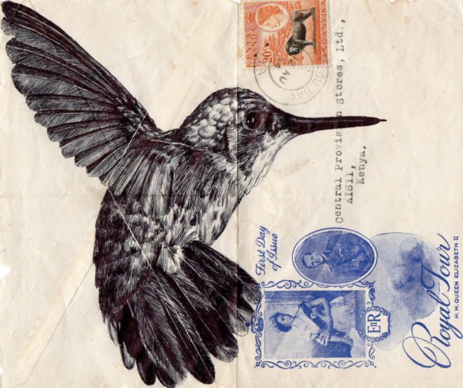 mark powell, recycled envelope drawings, reused envelopes, biro drawings, london artist, biro portraits, pen drawings, stamp art, envelope art