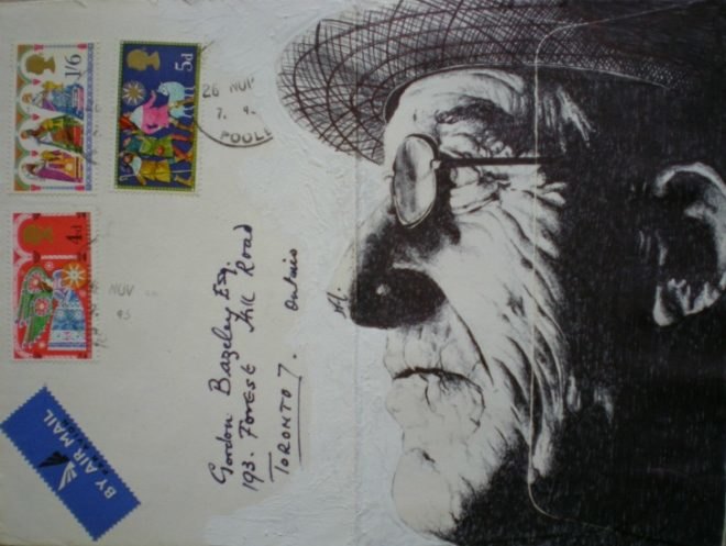 mark powell, recycled envelope drawings, reused envelopes, biro drawings, london artist, biro portraits, pen drawings, stamp art, envelope art