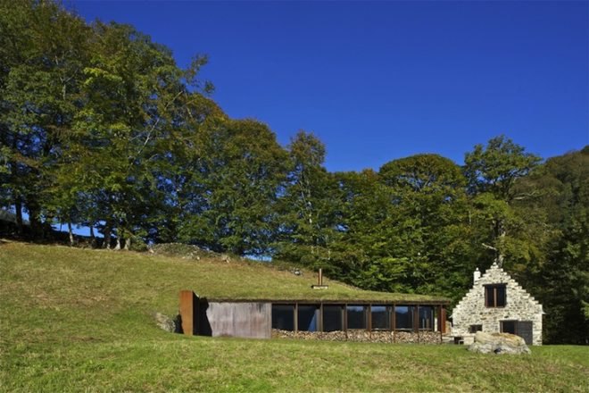 adaptive reuse, retaining wall, green design, sustainable design, Lesponne River, France, Pyrenees Mountains, eco-design, green roof, renovation, barn extension, PPA Architects, natural materials, stone, daylighting, eco-design