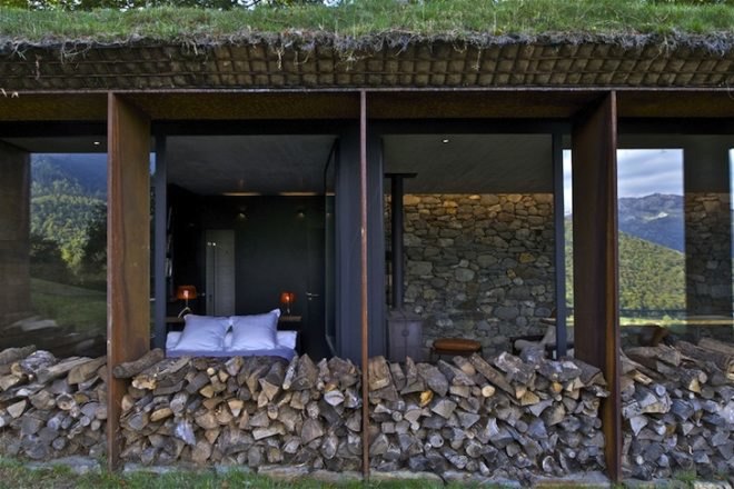 adaptive reuse, retaining wall, green design, sustainable design, Lesponne River, France, Pyrenees Mountains, eco-design, green roof, renovation, barn extension, PPA Architects, natural materials, stone, daylighting, eco-design