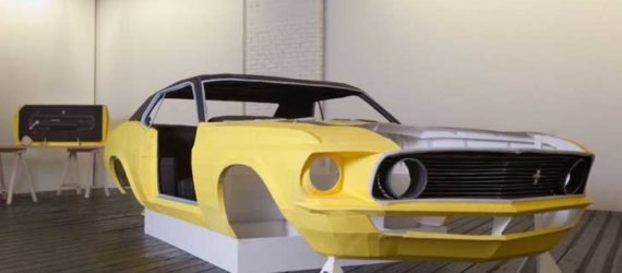 jonathan brand, paper mustang, paper art, paper artwork, green art, sustainable art, low impact art, car art, car design, green car design, brand, one piece at a time, life sized replica, 1969 ford mustang, paper ford mustang