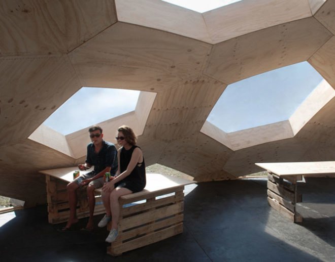 geodesic dome, roskilde festival, Kristoffer Tejlgaard, Henrik Almegaard, danish design, hexagon lattice, plywood hexagons, interconnected shapes, reused structure