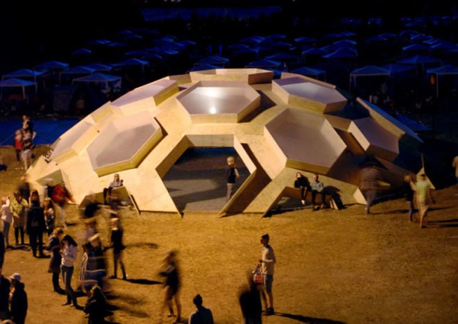 geodesic dome, roskilde festival, Kristoffer Tejlgaard, Henrik Almegaard, danish design, hexagon lattice, plywood hexagons, interconnected shapes, reused structure
