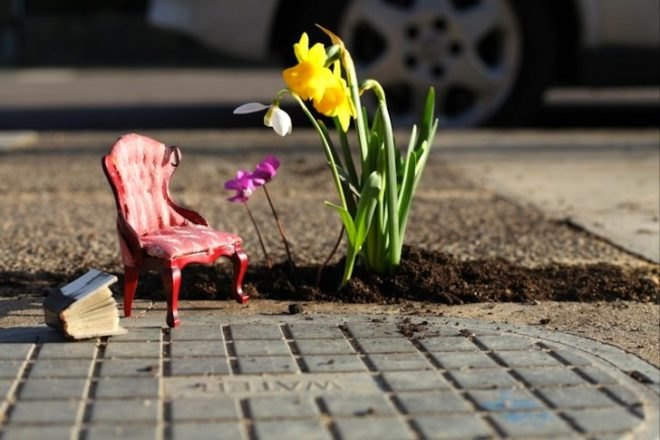 Steve Wheen, The Pothole Gardener, East London, art, environmental art, urban gardening, urban design, green design, sustainable design, guerrilla gardening, eco design, England,