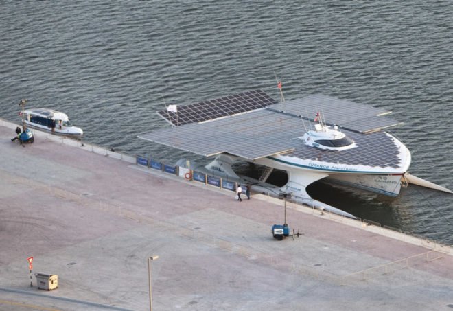 Candino, Capital Gate Tower, eco ship, green ship, lithium ion battery, Solar Abu Dhabi, solar boat, solar cruise, Solar Ship, TÛRANOR PlanetSolar, World Future Energy Summit, World’s Largest Solar Boat