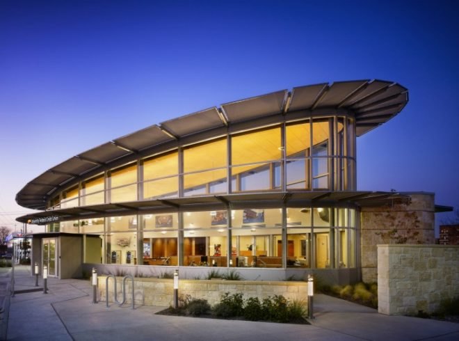 UFCU Ben White Branch, Jackson Mcelhaney Architects, Austin, Texas, green bank, eco bank,