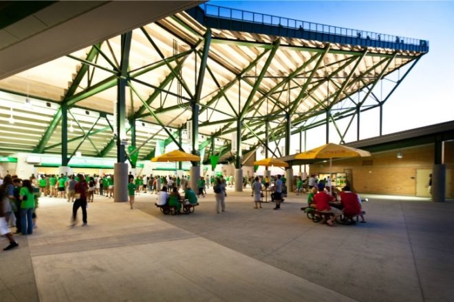 UNT Apogee Stadium, HKS Inc, UNT, Apogee Stadium, wind power, wind turbines, leed platinum, eco stadium, wind powered stadium