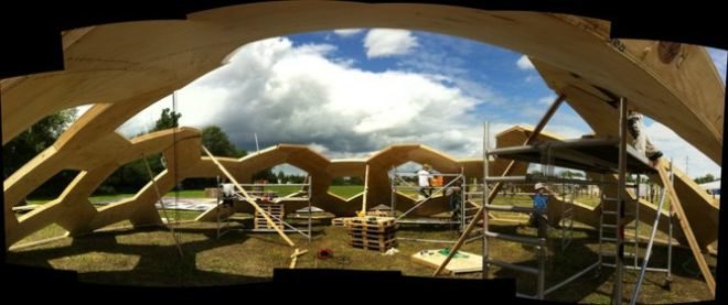 geodesic dome, roskilde festival, Kristoffer Tejlgaard, Henrik Almegaard, danish design, hexagon lattice, plywood hexagons, interconnected shapes, reused structure