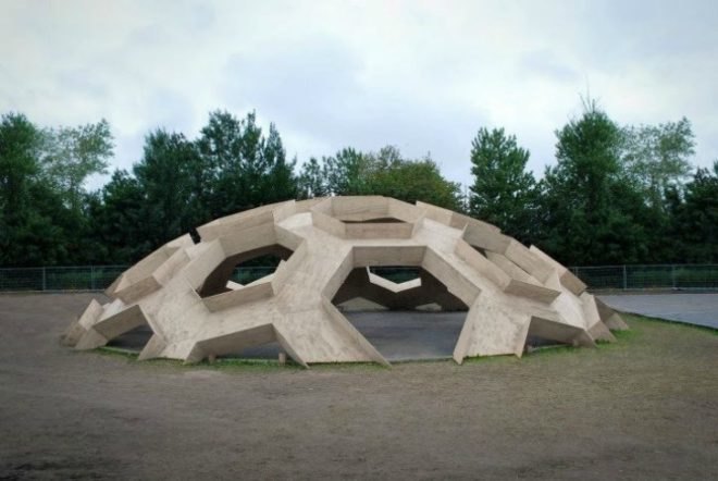 geodesic dome, roskilde festival, Kristoffer Tejlgaard, Henrik Almegaard, danish design, hexagon lattice, plywood hexagons, interconnected shapes, reused structure