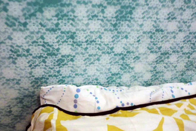 green design, eco design, sustainable design, DIY, non-voc paint, headboard, DIY headboard, painted headboard, faux headboard, trompe l'oeil headboard