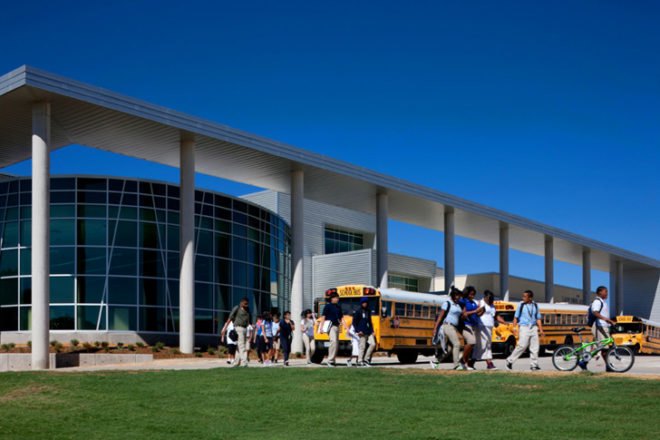 lady bird johnson middle school, net zero middle school, corgan associates, fabral metal, corgan architects, green design, sustainable building, wind turbines, net zero building