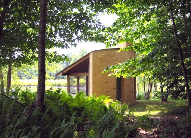 tiny homes, meditation pavilion, david coleman, pond, cabin, green design, vermont, green mountains, sustainable design, eco design, sustainable architecture, minimalist design, minimalist, cedar, woodland, rumford fireplace, forest