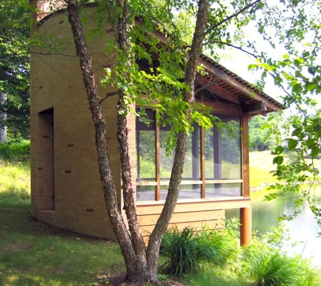 tiny homes, meditation pavilion, david coleman, pond, cabin, green design, vermont, green mountains, sustainable design, eco design, sustainable architecture, minimalist design, minimalist, cedar, woodland, rumford fireplace, forest