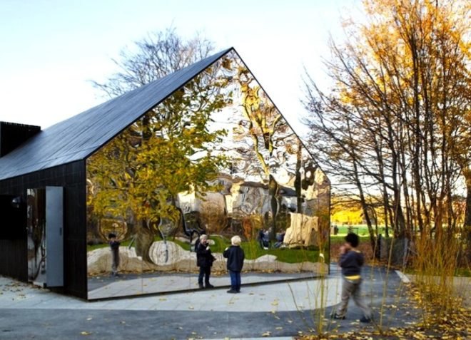 green design, sustainable design, eco design, funhouse mirrors, MLRP Architecture, MLRP, mirror pavilion, Copenhagen, Denmark, natural ventilation, green renovation, minimalism, respects the site