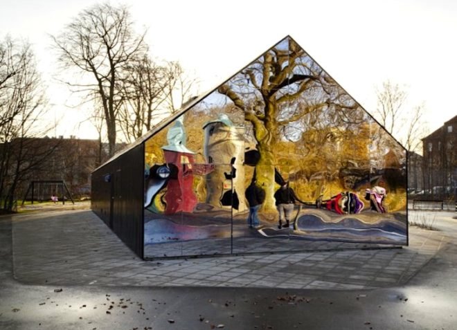 green design, sustainable design, eco design, funhouse mirrors, MLRP Architecture, MLRP, mirror pavilion, Copenhagen, Denmark, natural ventilation, green renovation, minimalism, respects the site