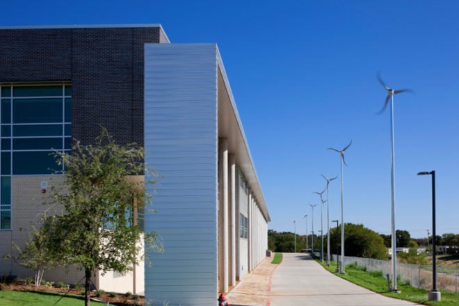 lady bird johnson middle school, net zero middle school, corgan associates, fabral metal, corgan architects, green design, sustainable building, wind turbines, net zero building