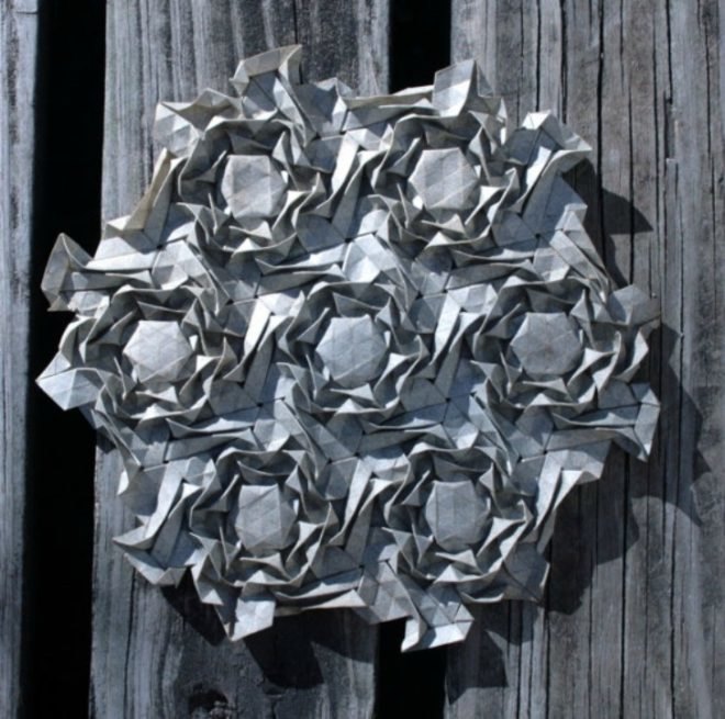 joel cooper, origami art, paper artwork, 3d paper sculptures, origami joel, handpainted paper, tessellated shape patterns, paper masks