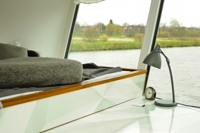 Silverbeaver, Hausboot, house boat, floating home, Confused Direction, Confused Direction Design, Germany, sustainable boat house, green design, sustainable design, eco design, daylighting, energy efficiency, small footprint, locally-sourced materials, green materials, oldenburg, hunt river, resopal, resofloor, insulation, Bullerjan Oven