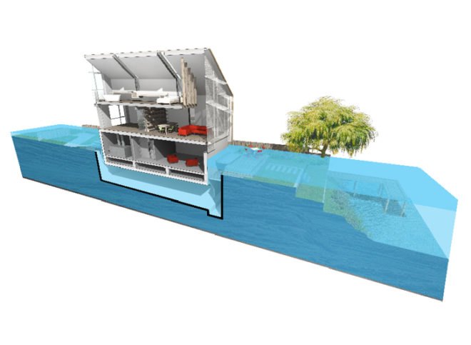 green design, eco design, sustainable design, climate change, flood proof design, Baca Architects, Amphibious home, floating home, energy efficient house, Thames River, disaster proof home
