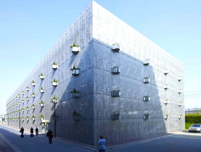 MEI Architecture, Netherlands, Flevoland Province, Almere, urban expansion, Block 11, parking lot, perforated parking lot, green design, sustainable design, eco design, natural ventilation, daylighting, culture, hanging plant containers, green