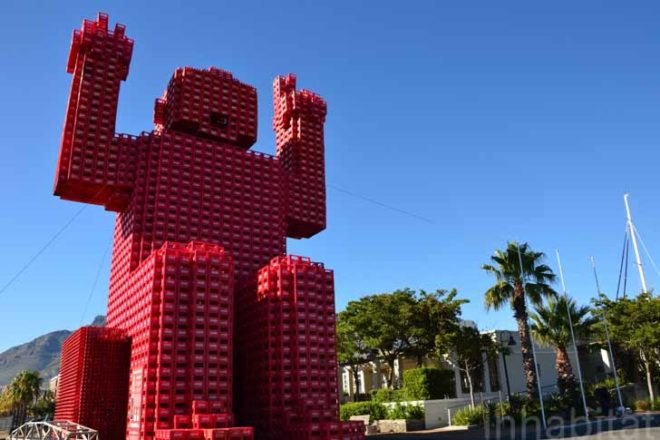 coca-cola, crate man, elliot, coke crates, plastic crates, recycled materials, recycling initiatives, recycled materials, PET, plastic recycling, can recycling, green design, sustainable design, eco-design, cape town, V&A Waterfront, Table Mountain