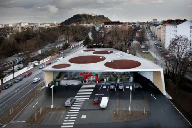 Climate Protection Supermarket, Love Architecture, eco supermarket, green grocery story, net zero, renewable energy, austria