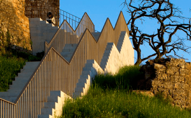 Comoco, Portugal, Pombal Castle, renovation, Corten steel, timber, pavilion, pathways, hilltop castle, green design, sustainable design, eco-design, daylighting, sustainable upgrade, Pombal, history, eco-tourism