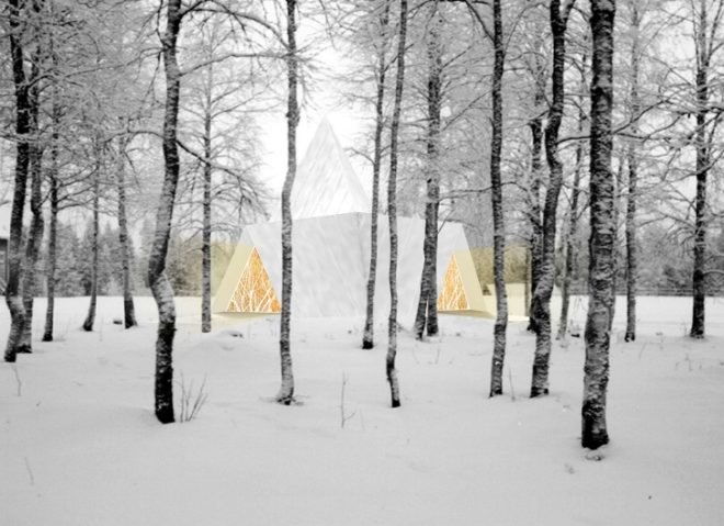UPM, lilja, sustainable design, temporary meditation centrer, finnish design, prefab structure, plywood design, green building design, transportable chapel finland