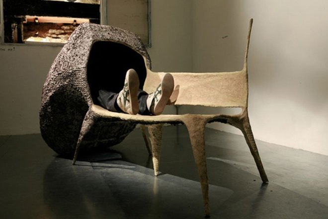 green furniture, Recycled Materials, Nacho Carbonell, evolution collection, Design Academy Eindhoven, recycled paper, chicken wire, recycled furniture, hand made furniture, retreat, spanish design, eindhoven, hidding furniture, coccon, retreat pod