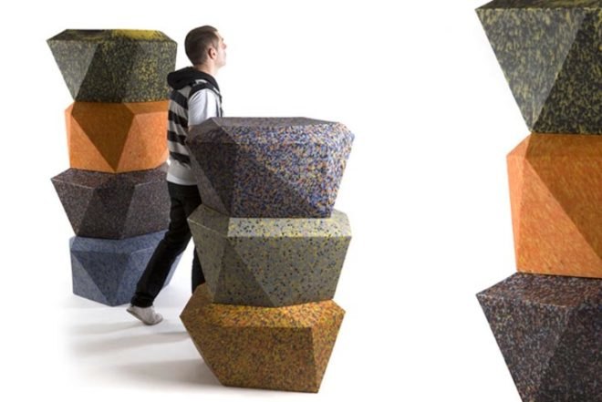 green furniture, Green Products, Recycled Materials, chilean design, rodrigo alonso, recycled plastic seat, rotomolding, sustainable seats, recycled plastic furniture, hollow furniture, speckled seats, recycled plastic waste, recycled urban trash
