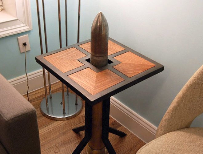 green design, eco design, sustainable design, Stockpile Design, recycled missiles, recycled bombs, upcycled bombs, bomb lamp, bomb table, missile table, repurposed furniture
