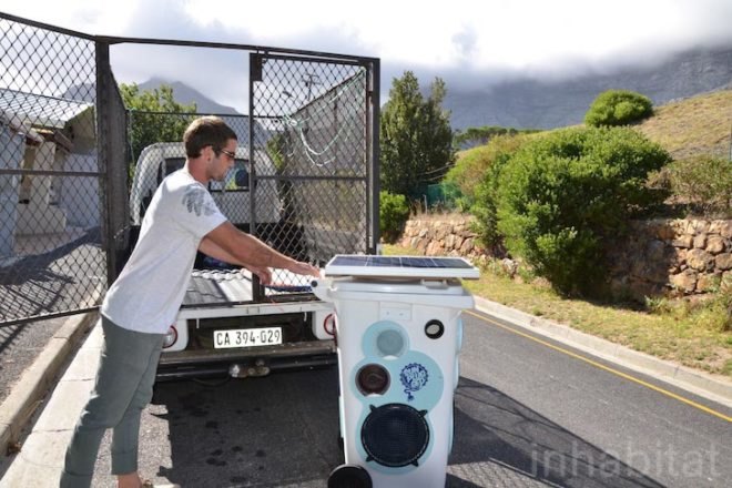 solar panels, solar energy, music bins, wheelie bins, cape town, south africa, sunplugged, warren baynes, video, green design, sustainable design, eco-design, social design, recycled materials, music