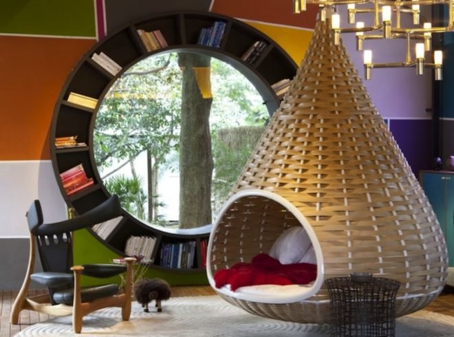 Fabio Galeazzo, brazil, hanging nest beds, nest beds, shack, Urban Cabin, Tarsila do Amaral, green design, green renovation, sustainable design, eco-design, bamboo, thermal tiles, spherical book shelf