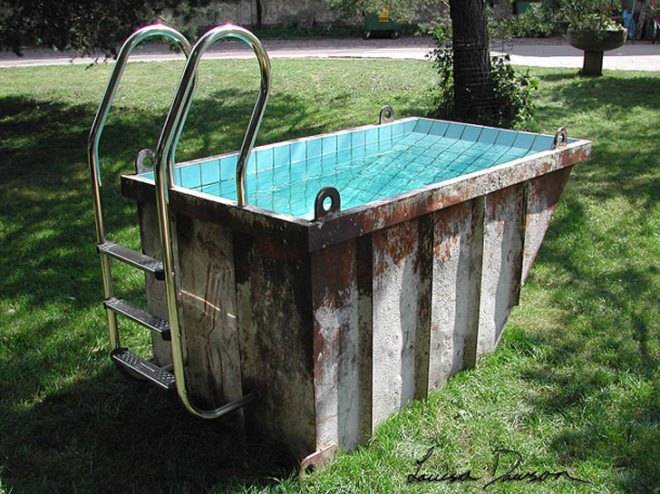 louisa dawson, dumpster pool, trash can pools, kiddie pools, portable pool, skips, skip pools, green pools, portable swimming pools, eco swimming pools