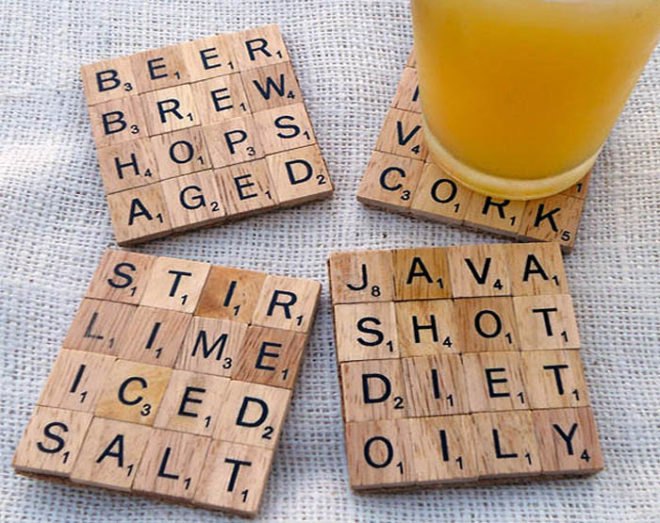 scrabble coasters, recycled scrabble tiles, scrabble designs, recycled materials, eco coasters, green coasters, eco home decor, scrabble coaster designs, customized scrabble designs
