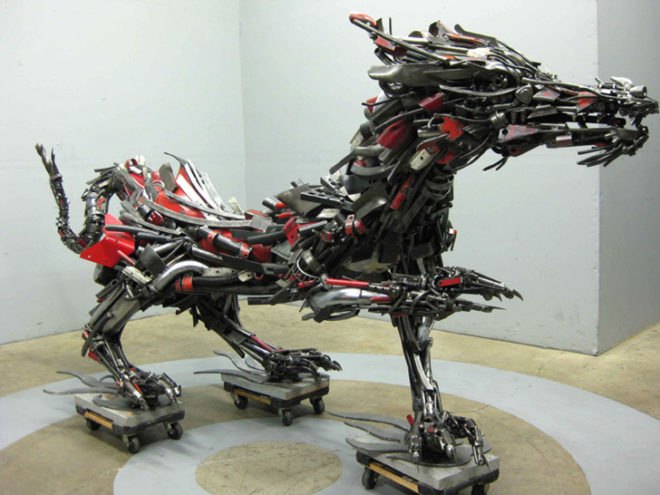 Travis Pond, Scrap Metal Art, Upcycling, Recycled Metal, Scrap Metal, Scrap Motorbikes, Motorbikes, Honda, Animal Sculptures, Sculpture Dragon, steel pond, recycled materials, eco art, green art