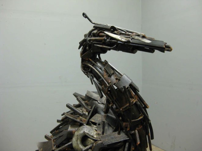 Travis Pond, Scrap Metal Art, Upcycling, Recycled Metal, Scrap Metal, Scrap Motorbikes, Motorbikes, Honda, Animal Sculptures, Sculpture Dragon, steel pond, recycled materials, eco art, green art