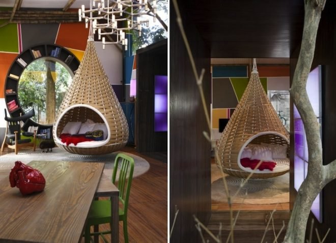 Fabio Galeazzo, brazil, hanging nest beds, nest beds, shack, Urban Cabin, Tarsila do Amaral, green design, green renovation, sustainable design, eco-design, bamboo, thermal tiles, spherical book shelf