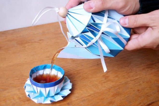 Green Kitchen,Green Materials,green graphic design,art,paper tea set,folded paper,japanese design, Japanese design, Paper Tea Set, ephemeral art, Yuya Ushida, yuya vs. design